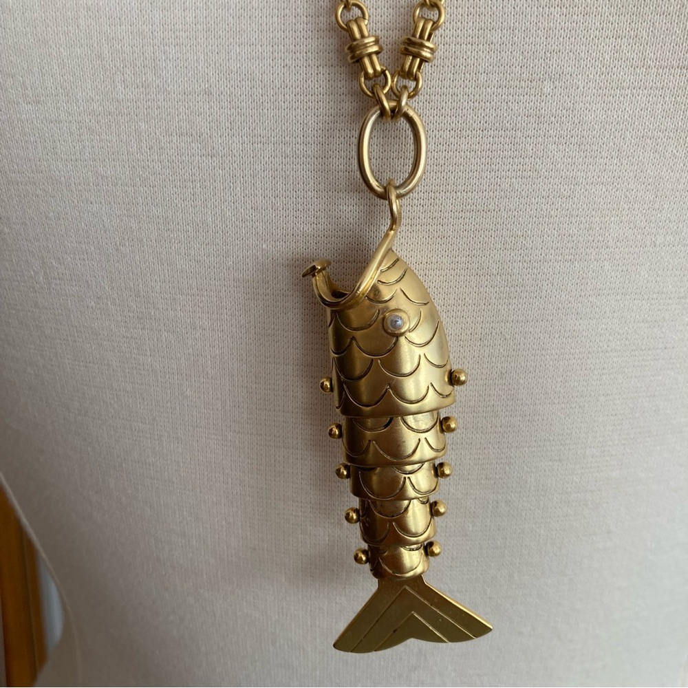 BRINKER + ELIZA | ‘Tall Tale` Fish Necklace 24K Antique Gold Plated Handmade - Picture 4 of 7
